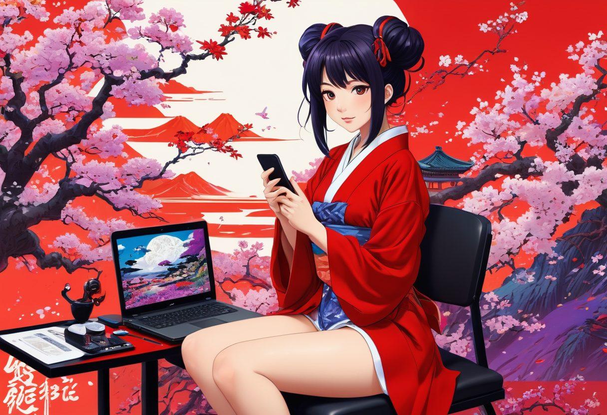 An eye-catching collage showcasing various adult anime characters in suggestive yet artistic poses, surrounded by streaming devices like a laptop and a smartphone, to symbolize the accessibility of hentai content. Incorporate a vibrant color palette with bold reds and deep purples to evoke a sense of passion and allure. The background should feature abstract patterns reminiscent of traditional Japanese art to connect with the anime theme. super-realistic. vibrant colors. white background.