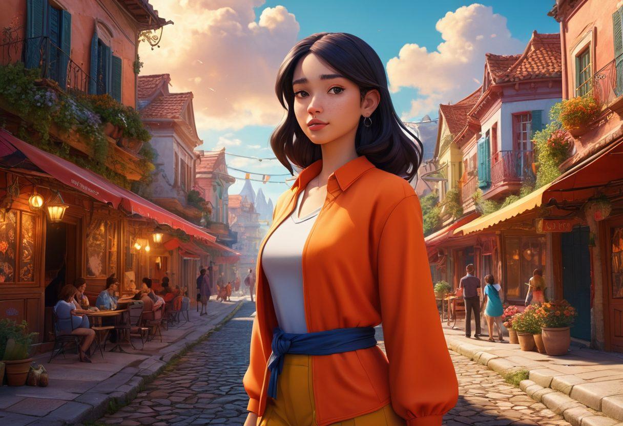 A dynamic scene depicting a fusion of fan fiction characters and visual novel elements, set against a colorful backdrop of an animated world. Include diverse characters in distinctive outfits, engaging in a narrative moment with expressive emotions. Highlight elements of adult animation, with an intricate blend of fantasy and reality. The style should be vibrant, showcasing bold colors and detailed illustrations. super-realistic. vibrant colors. 3D.